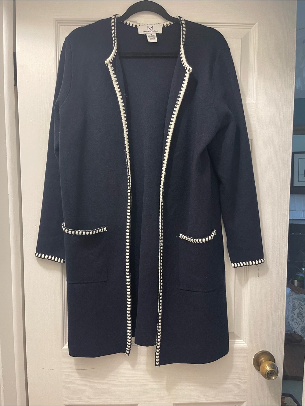M Magaschoni Navy Ivory Whipstitch Longline Open Front Cardigan Medium